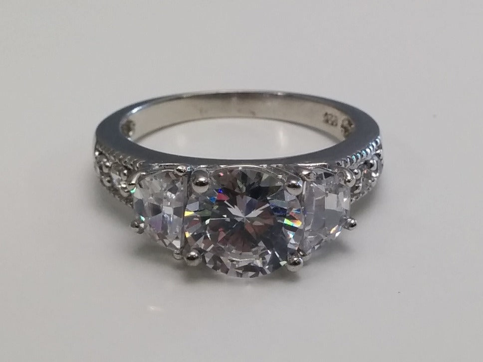 Three Stone Round & Half Moon Diamond Engagement Ring