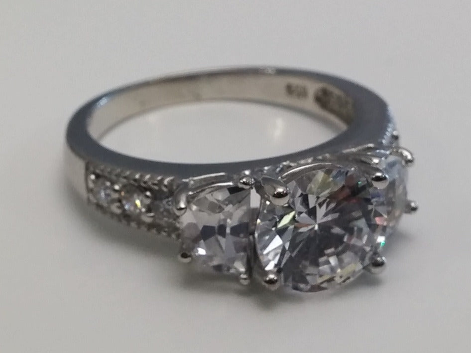 Three Stone Round & Half Moon Diamond Engagement Ring